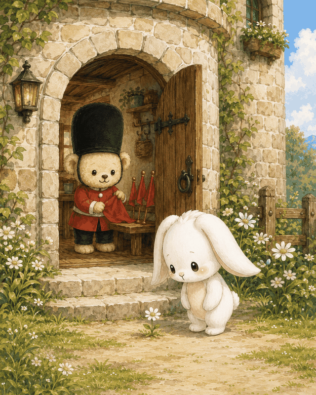 Teddy Castle 熊堡漫畫〈烏冬的花〉第 1 頁，烏冬在熊堡門前陪伴她喜歡的小花