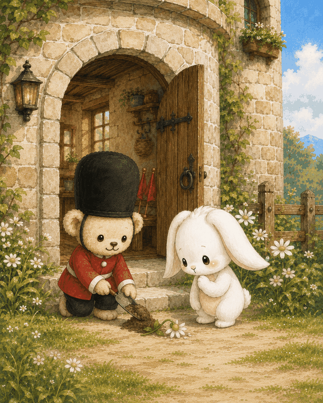 Teddy Castle 熊堡漫畫〈烏冬的花〉第 3 頁，安東拿來鬆土安靜陪烏冬照顧小花