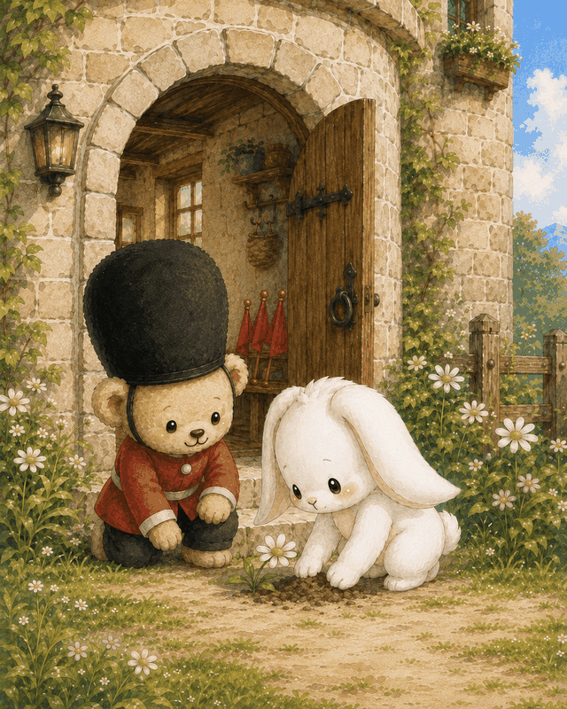 Teddy Castle 熊堡漫畫〈烏冬的花〉第 4 頁，烏冬慢慢用土扶正被風吹倒的小花