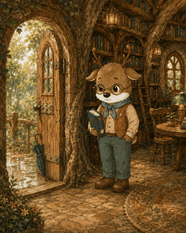 Teddy Castle 熊堡漫畫〈或許〉第 1 頁，可樂在圖書館門前發現雨後留下的小傘