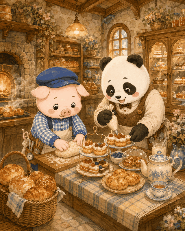 Teddy Castle 熊堡漫畫〈換個角度〉第 1 頁，焦糖和梅花在烘焙店準備下午茶