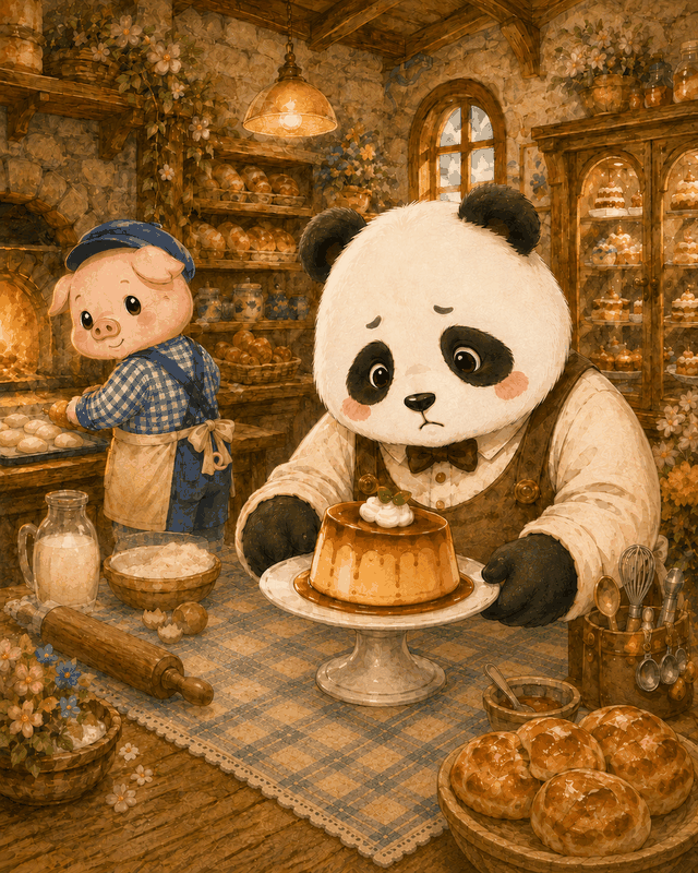 Teddy Castle 熊堡漫畫〈換個角度〉第 2 頁，焦糖看見剛做好的布丁蛋糕有點傾斜