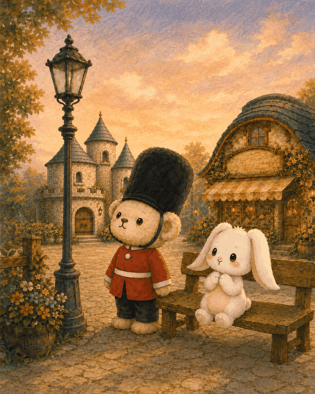Teddy Castle 熊堡漫畫〈路燈〉第 1 頁，安東在黃昏的衛兵廣場注意到路燈還沒亮