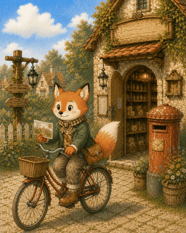 Teddy Castle 熊堡漫畫〈明信片〉第 3 頁，阿冷在阿冷郵局裡，阿冷騎著腳踏車，準備將明信片送到到銀子研究工坊
