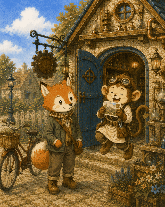Teddy Castle 熊堡漫畫〈明信片〉第 4 頁，阿冷在阿冷郵局裡，在研究工坊門前，銀子開心地接過明信片，快樂到跳起來