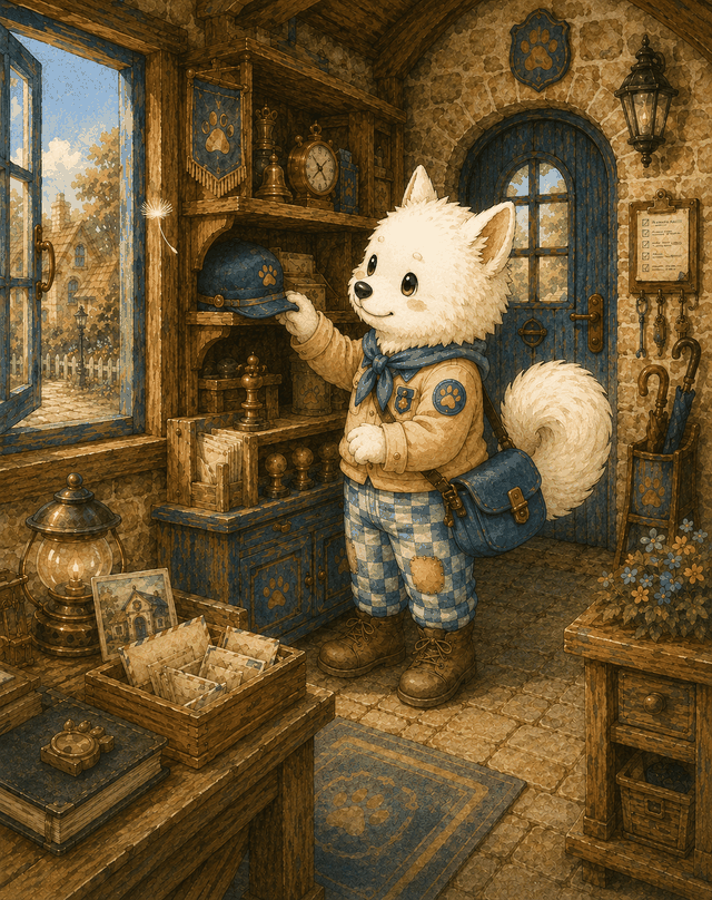 Teddy Castle 熊堡漫畫〈蒲公英〉第 1 頁，一寶在一寶警衛廳裡，一寶在一寶警衛廳裡，把架上物件排整齊時，一朵蒲公英從窗外飄進來，顏色還很雪白。