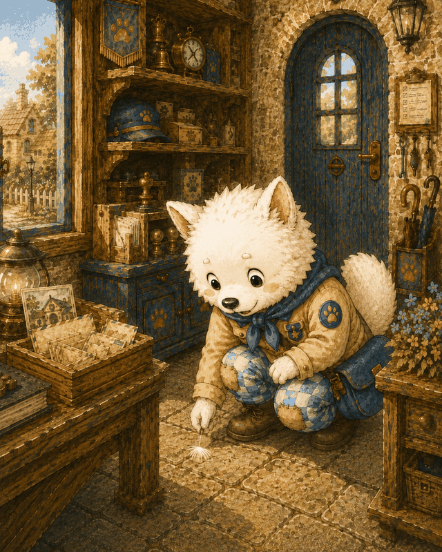 Teddy Castle 熊堡漫畫〈蒲公英〉第 3 頁，一寶在一寶警衛廳裡，一寶將蒲公英輕輕拾了起來