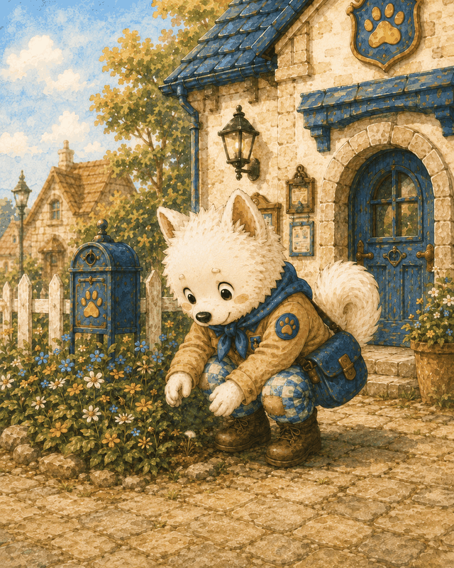 Teddy Castle 熊堡漫畫〈蒲公英〉第 4 頁，一寶在一寶警衛廳裡，他把蒲公英安放在警衛廳邊的小花叢中