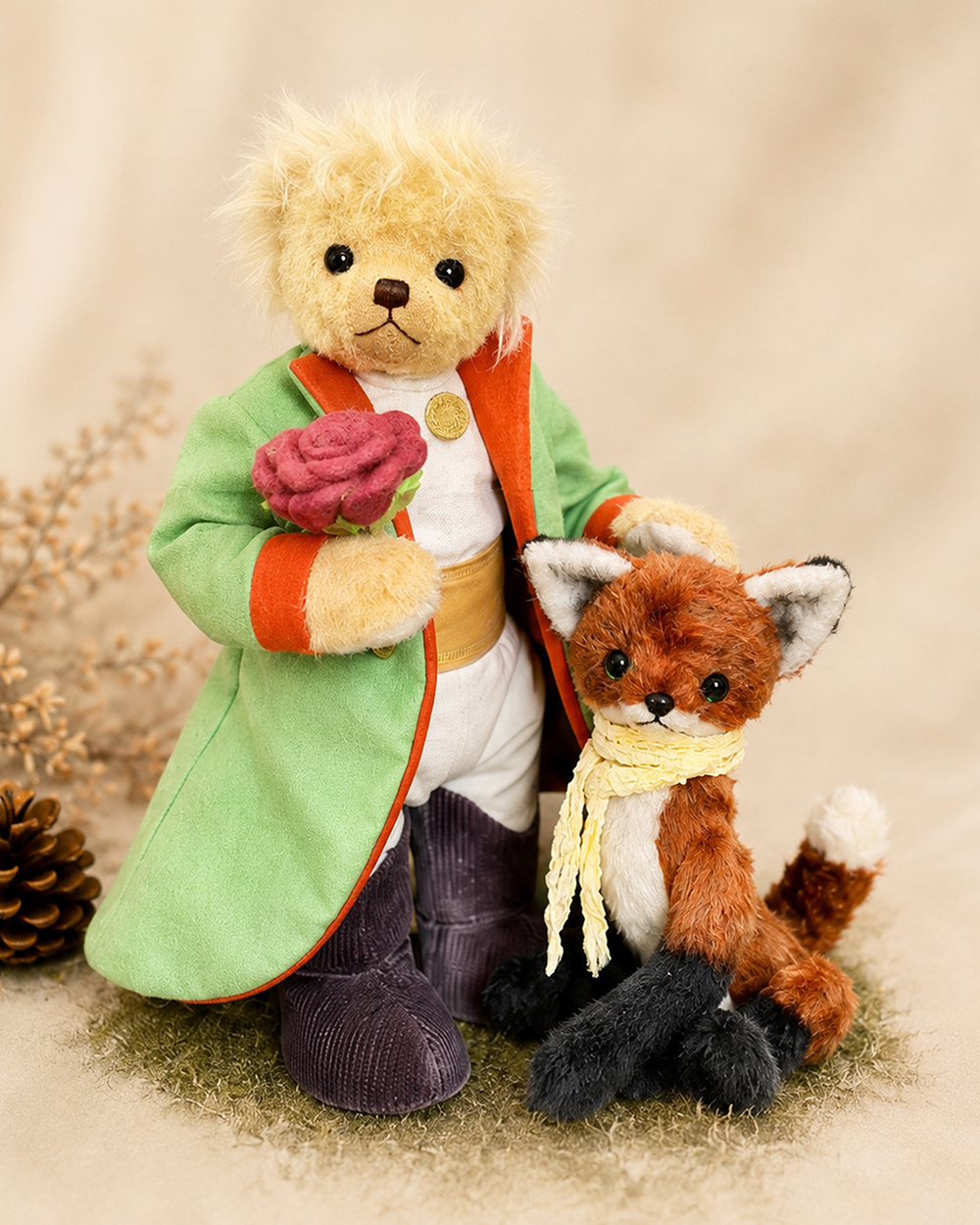 Teddy Castle 代表主作品 綠色外套泰迪熊與狐狸 Artist Bear 泰迪熊藝術作品